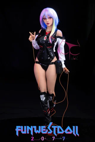 Lexie #026 155cm F Cup Tan stands in a futuristic outfit with a black bodysuit, white shirt sleeves, and knee-high boots, holding orange cables.