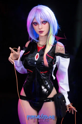 Lexie #026 155cm F Cup Tan stands with colorful hair, wearing a black and white outfit, holding a device with vibrant lighting.
