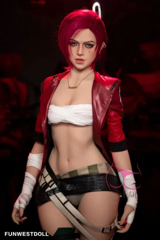 Sophiemina #029 157cm C cup wearing a red leather jacket, white crop top, and black shorts with bandaged arms.