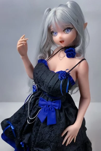 Mizuki Risa, 148cm anime-style love doll with silver hair in a black dress with blue accents against a plain background