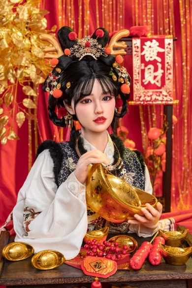 Sex doll in a red and gold festive setting, holding a gold ingot.