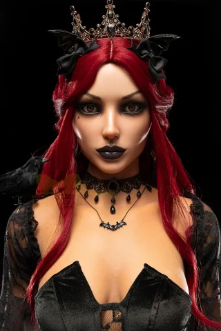 169cm S47 Dark Tanned Fantasy doll with red hair, dark lipstick, a crown, and bat-themed jewelry.