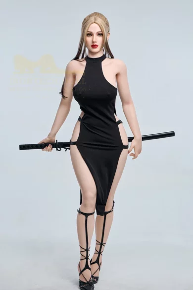 S5 159cm E Cup Irontech TPE model in black cutout dress with sword, balancing in strappy high heels.