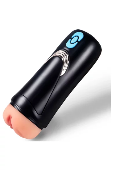 Lauren 1.57lbs Masturbator, sleek black and blue handheld device with beige tip for use with love dolls