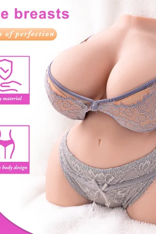 M Delilah 10.5lbs TPE torso masturbator with large breasts, wearing a lace bra and panties in a soft setting.