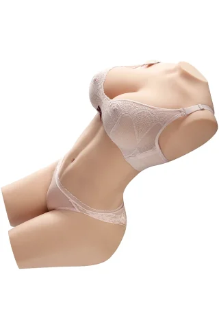Madison torso, 89.28lbs, wearing a lace bra and matching thong, positioned at an angle on a plain background.