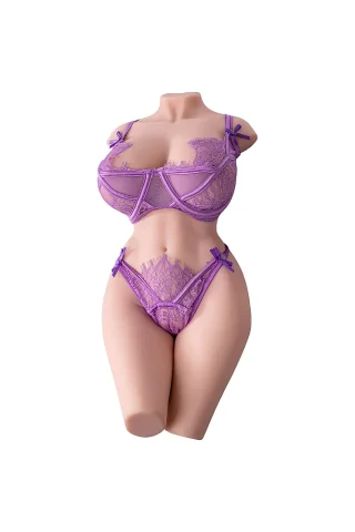 Rachel 15.43lbs TPE Torso Masturbator wearing purple lace lingerie with adjustable straps and decorative bows.