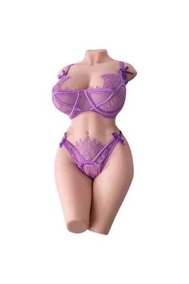 Intricate patterns and ribbon details in purple lace on the Rachel 15.43lbs TPE Torso Masturbator, showcasing elegance and allure