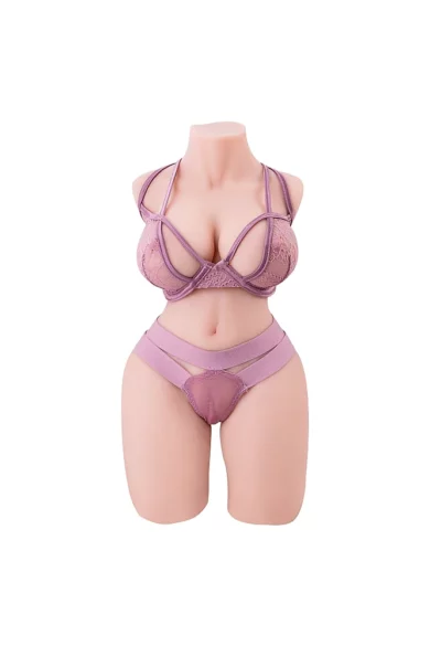 A purple lingerie set with strappy details and lace embellishments on the Sibyl 8.04lbs TPE Torso Masturbator