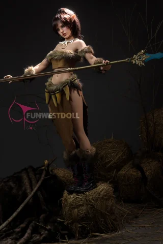 Nidalee #040 159cm A cup stands on a hay bale, wearing a fur-trimmed outfit and holding a spear.