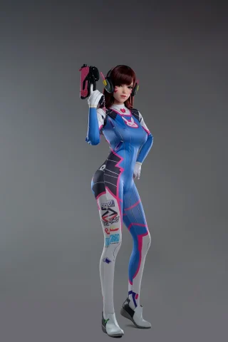 D.va Cosplay 167cm D Cup stands confidently in a form-fitting blue and pink bodysuit, holding a pink weapon with headphones on.