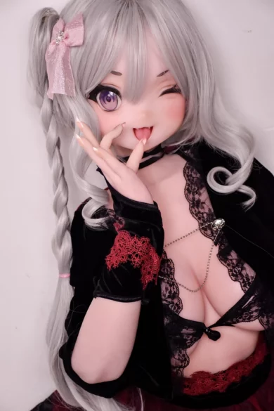 148cm Takeuchi Yuki ElsaBabe love doll with anime-inspired design, long silver hair, dressed in lace and velvet, winking at camera