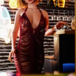 AK15-159 LS53 Silicone Angel Kiss 5ft3 sex doll with curly hair in fringed burgundy outfit against neon-lit brick wall