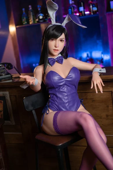 The Lady No.25 167cm D Cup love doll in a purple bunny outfit seated on a barstool pointing forward with bottles on shelves behind