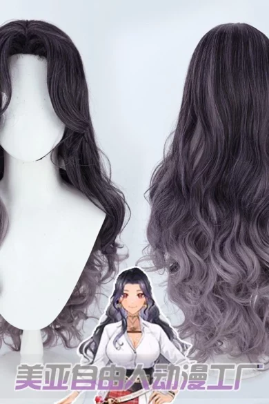 Two views of ZXR Radiant wigs #118 with curly black to gray ombre hair on a stand; anime character below matching the hairstyle.