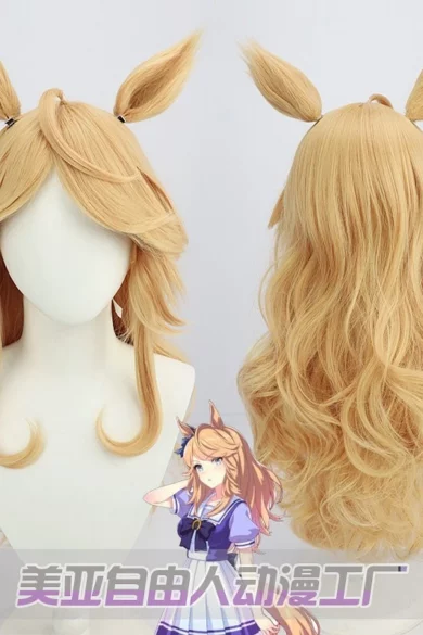 Blonde cosplay wig with animal ears and elegant waves, shown from front and back angles for Love Doll enhancement.