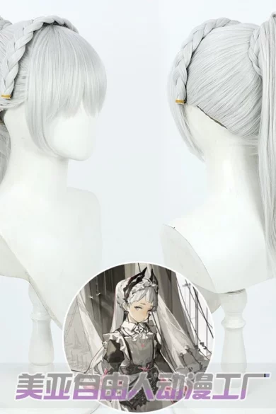 Gray braided cosplay wig with side ponytail on a love doll, inspired by an anime character.