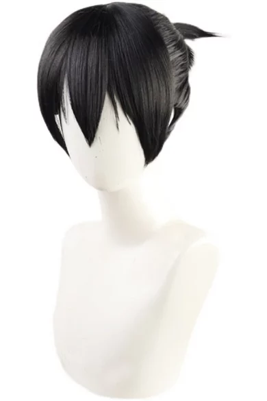 Black anime-style wig with bangs and short ponytail designed for a sex doll