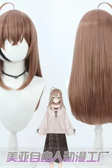 Brown ZXR Radiant wig #12 shown in front and back views, with a small anime character featuring similar hair, commonly associated with love dolls