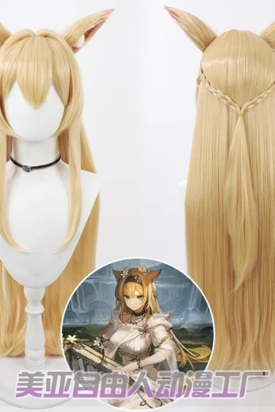 Blonde anime-style wig with cat ears, shown front and back, includes character image at bottom. Perfect for enhancing love doll appearance.