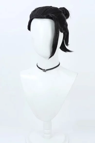 ZXR Radiant wigs #102 black wig in traditional updo on stand, next to a black choker necklace, resembling an elegant love doll