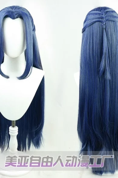 Front and back view of a love doll with long blue braided wig from ZXR Radiant wigs #82