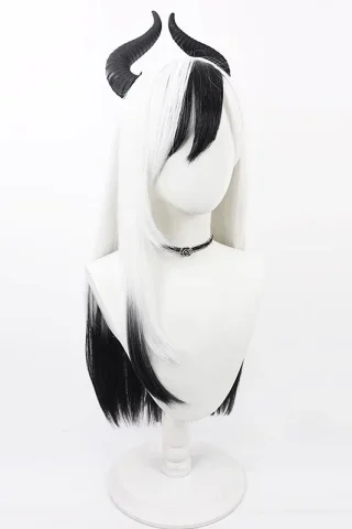 ZXR Radiant wig #21 features long white and black hair with curved black horns and a choker necklace.