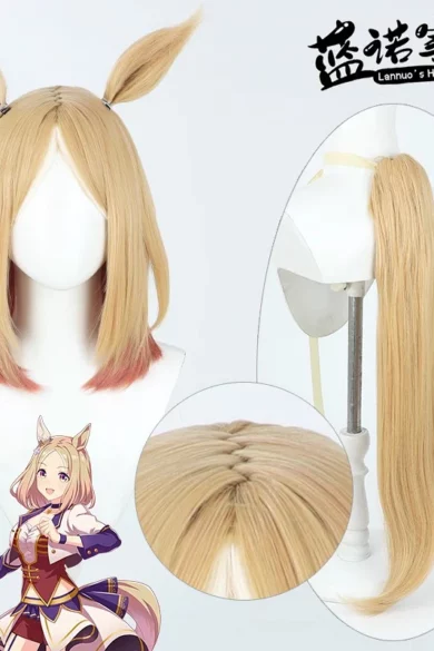 Blonde cosplay wig with fox ears and long ponytail from ZXR Radiant wigs, ideal for love doll fans.