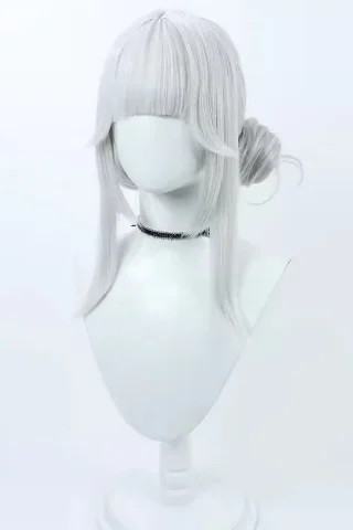 ZXR Radiant wig #44 features long, straight silver hair with bangs and a side bun, displayed on a white mannequin.