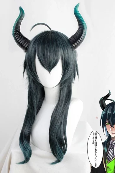 ZXR Radiant wig #19 in long dark teal with black horns next to an illustrated character with the same hairstyle