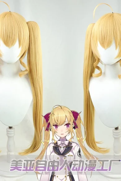 Vibrant blonde twin-tailed wig styled in anime design with an anime character in front resembling a love doll's aesthetics.