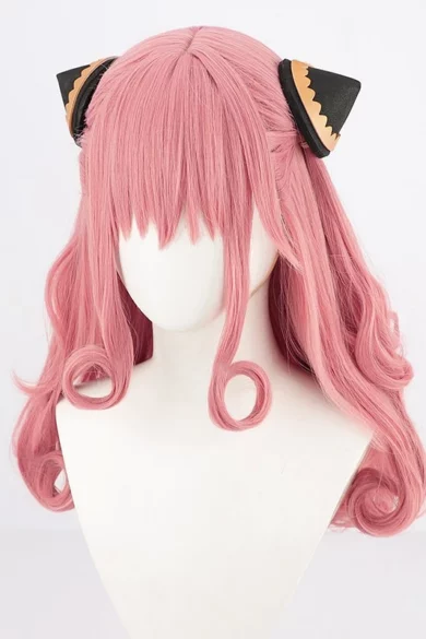 Sex doll wearing ZXR Radiant Wigs #75 with long pink wavy hair, bangs, and black and gold cat ear accessories.