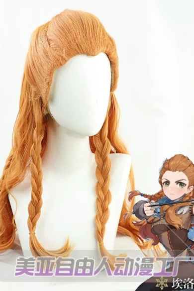 Sex doll with ZXR Radiant wigs #1 in orange braided style next to illustration of character with bow and arrow