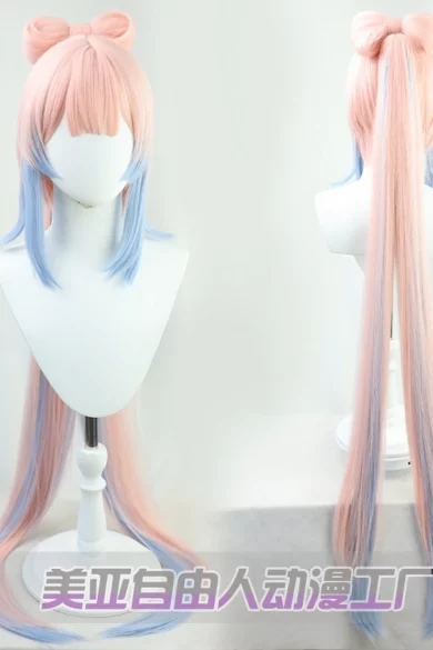 Long pink and blue gradient wig with twin buns displayed on a stand showing front and back views