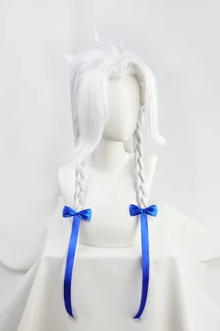 ZXR Radiant wig #14 features long white hair with two braided pigtails and blue ribbons.