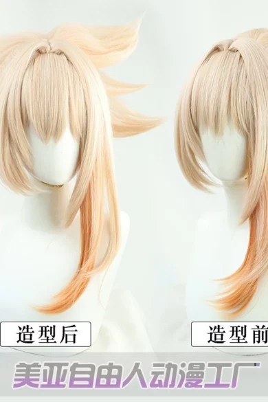 Wigs styled in anime fashion on lifelike figures with spiky, light-colored hair and vibrant orange tips.