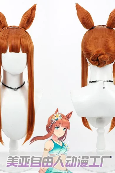 ZXR Radiant wigs #133 vibrant orange anime-style wig with long bangs and ear-like protrusions shown from front and back views on a love doll