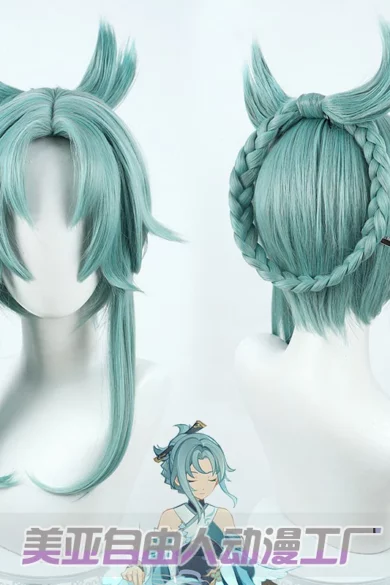 Turquoise anime-style wig with braids and horns for customizing a sex doll.