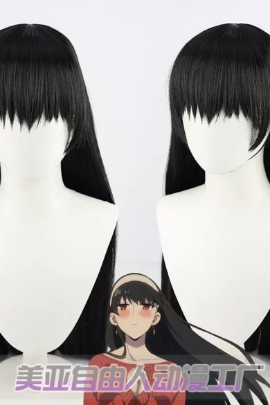 Two ZXR Radiant wigs 70 with long black hair and bangs next to an anime character illustration at the bottom