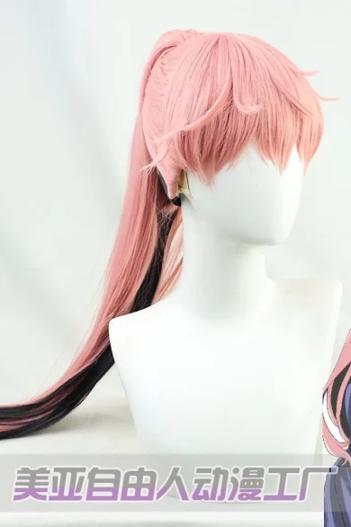 Vibrant pink wig with long black streak displayed on a stand for anime characters or love dolls