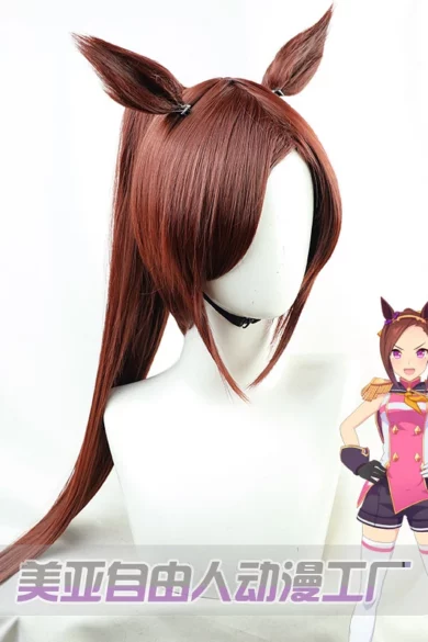 Sex doll with a ZXR Radiant wigs #127, long reddish-brown twin tails and cat ear accents, next to an anime character image