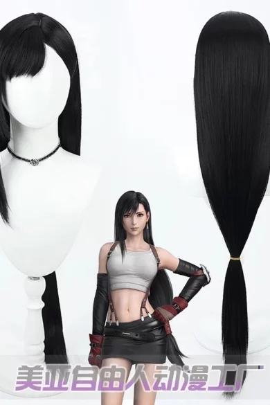 Sleek black wig with long straight hair displayed on a sex doll in a black and red outfit. Ideal accessory for Love Doll.