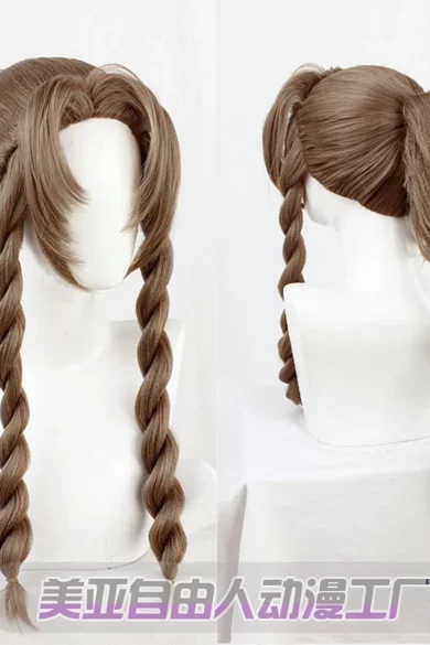 Brown braided wig with side bangs styled on a sex doll