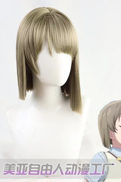 Blonde anime-inspired wig styled for love dolls with character reference image in corner