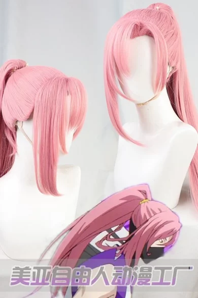 Two pink wigs with bangs displayed; anime character with similar hair in foreground.