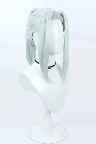 ZXR Radiant wig #103 features a long, straight, light gray style with a ponytail and a choker on a display stand.