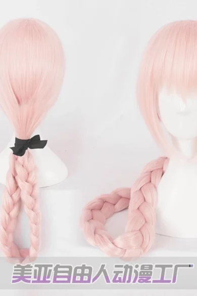 Vibrant pink wigs for sex dolls: one with long braids and black ribbon, the other short with chic bangs.