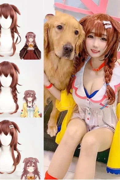 A woman in cosplay with her dog displays three ZXR Radiant wigs #34 and anime character art, resembling a love doll's vibrant style.