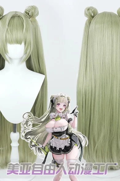 Light green anime-style wig with twin buns displayed, accompanied by a small character figure, resembling a playful love doll.