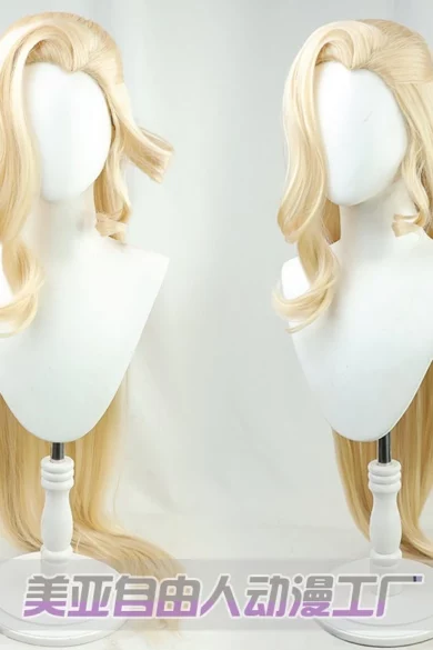 Two ZXR Radiant wigs #27 with long, wavy blonde hair displayed on a sex doll.